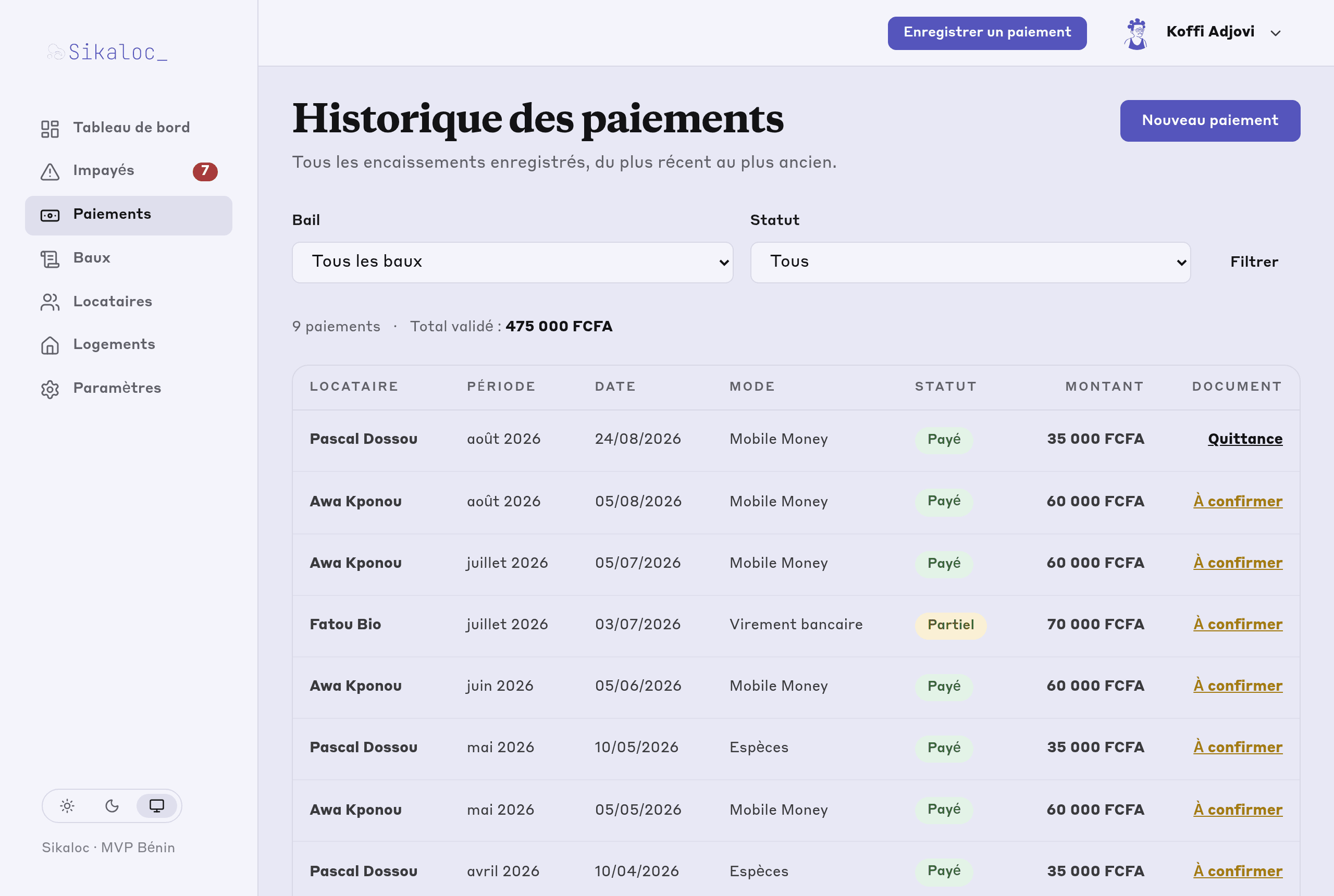 Historique des paiements avec statut payé ou partiel, et le lien vers la quittance émise.